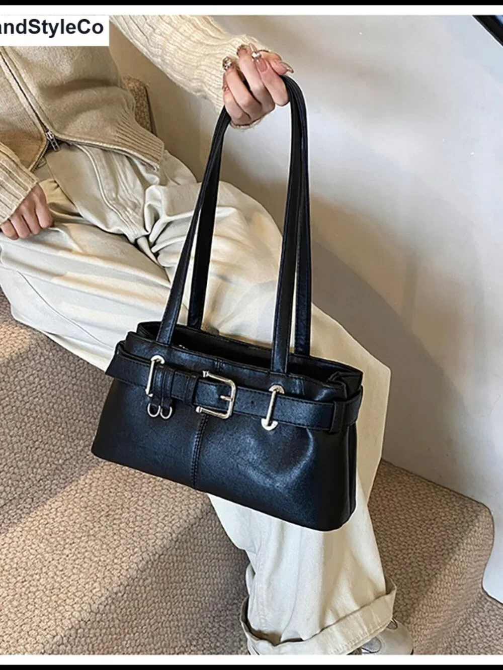 Vintage Y2K Hobo Purse Faux Leather Belt Buckle Underarm Satchel